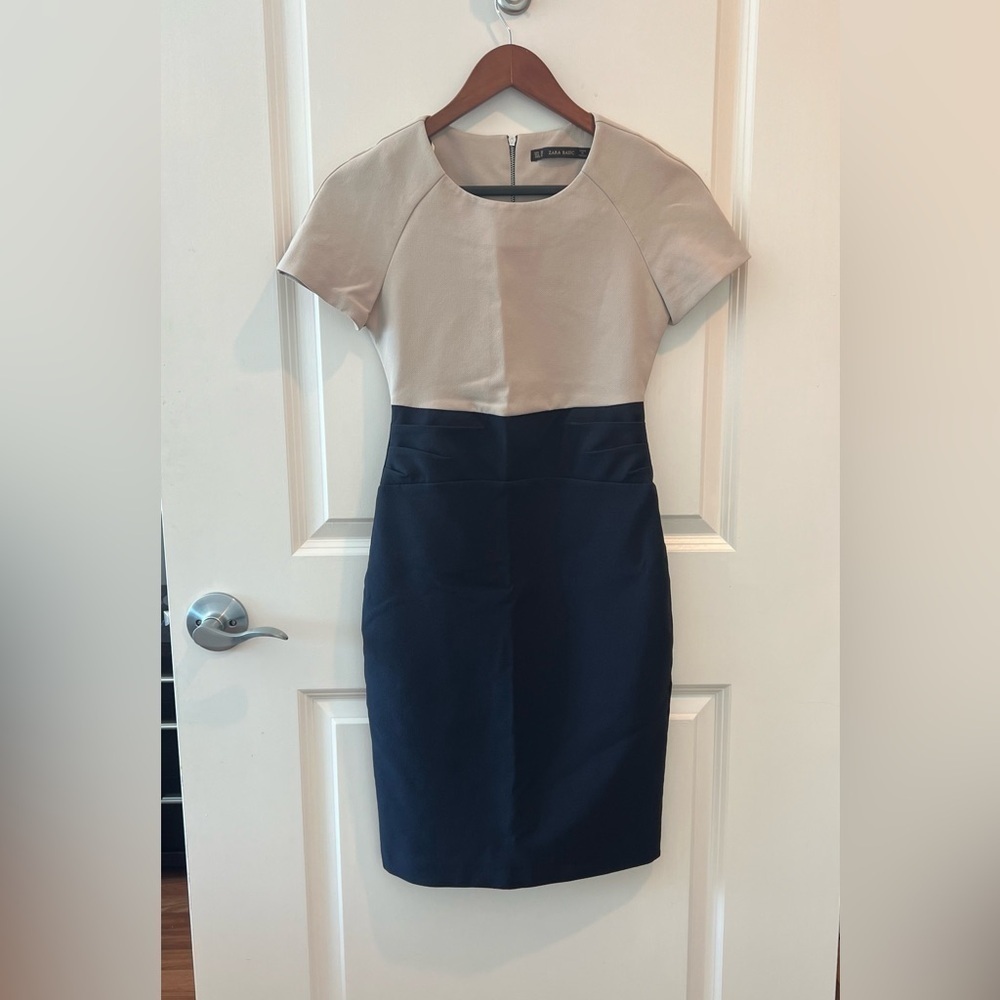 Zara Basic Bodycon Two Tone Block Beige and Navy Dress Size XS